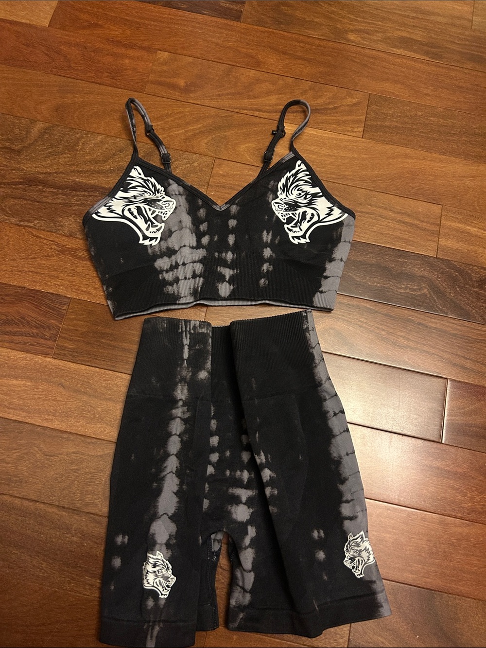 Darc Sport Black & Gray Tie-Dye Tiger Print Sports Bra and Shorts Set